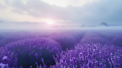 Obraz premium Background with a fog motif in a lavender field. Lavender field close up with rising fog