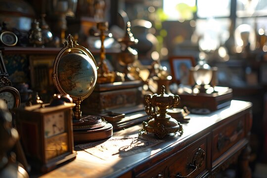 Vintage Antiques and Collectibles Displayed on Wooden Shelves
