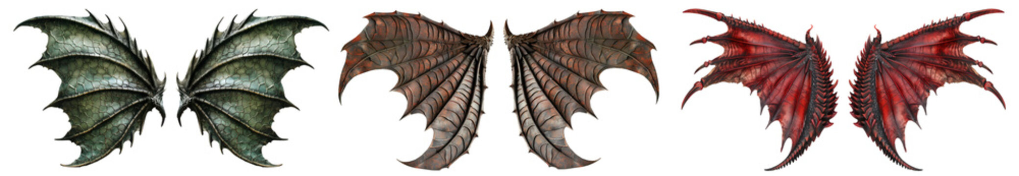 Set collection of devil demon satan dragon pair of wings on transparent background cutout. PNG file. Many different pair of design. Mockup template for artwork design