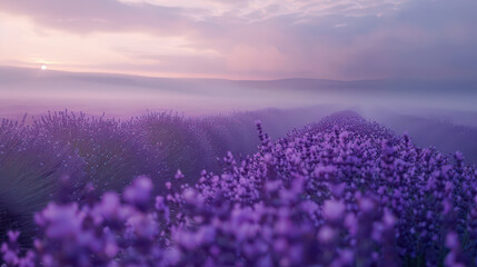Obraz premium Background with a fog motif in a lavender field. Lavender field close up with rising fog