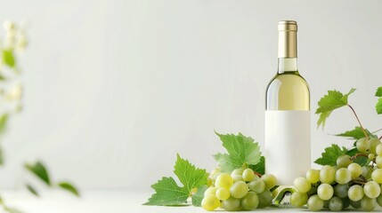 A bottle of white wine stands elegantly among clusters of green grapes and lush vine leaves, presenting a fresh and inviting scene perfect for celebrating.