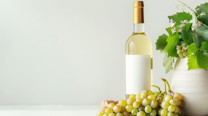 Fototapeta premium A bottle of white wine stands elegantly among clusters of green grapes and lush vine leaves, presenting a fresh and inviting scene perfect for celebrating.
