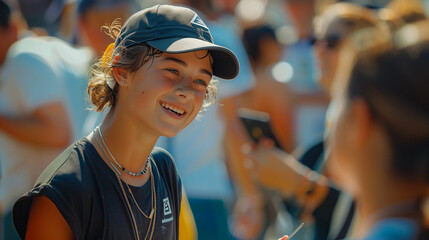 Two women with baseball cap chatting