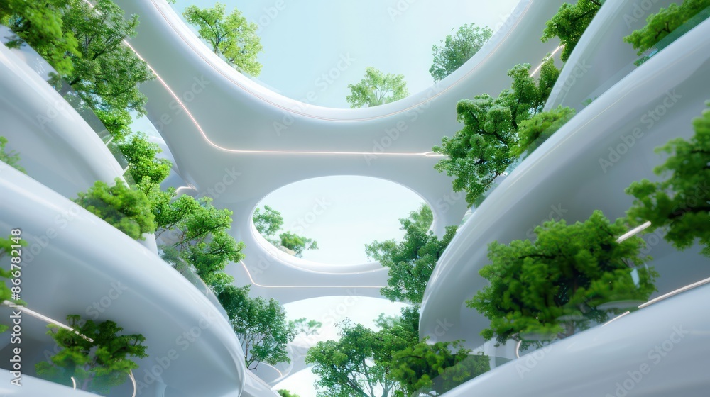 Poster a futuristic building with a green roof and a lot of trees. the building is white and has a lot of n