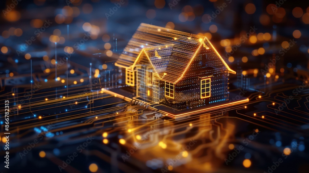 Poster A house is shown in a computer generated image with a glowing, futuristic look. The house is surrounded by a network of wires and lights, giving it a sense of being part of a larger