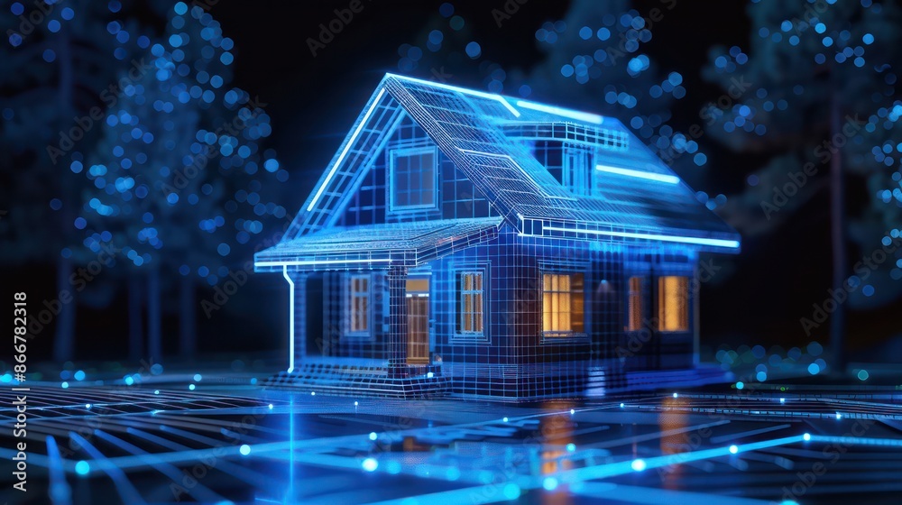 Poster a house is shown in a blue and white color scheme. the house is surrounded by trees and has a modern