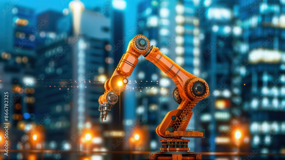 Poster a robot is standing in front of a city skyline. the robot is orange and has a metallic appearance. t