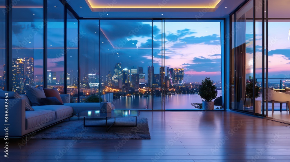 Poster a large open living room with a view of the city and a large window. the room is decorated with a wh