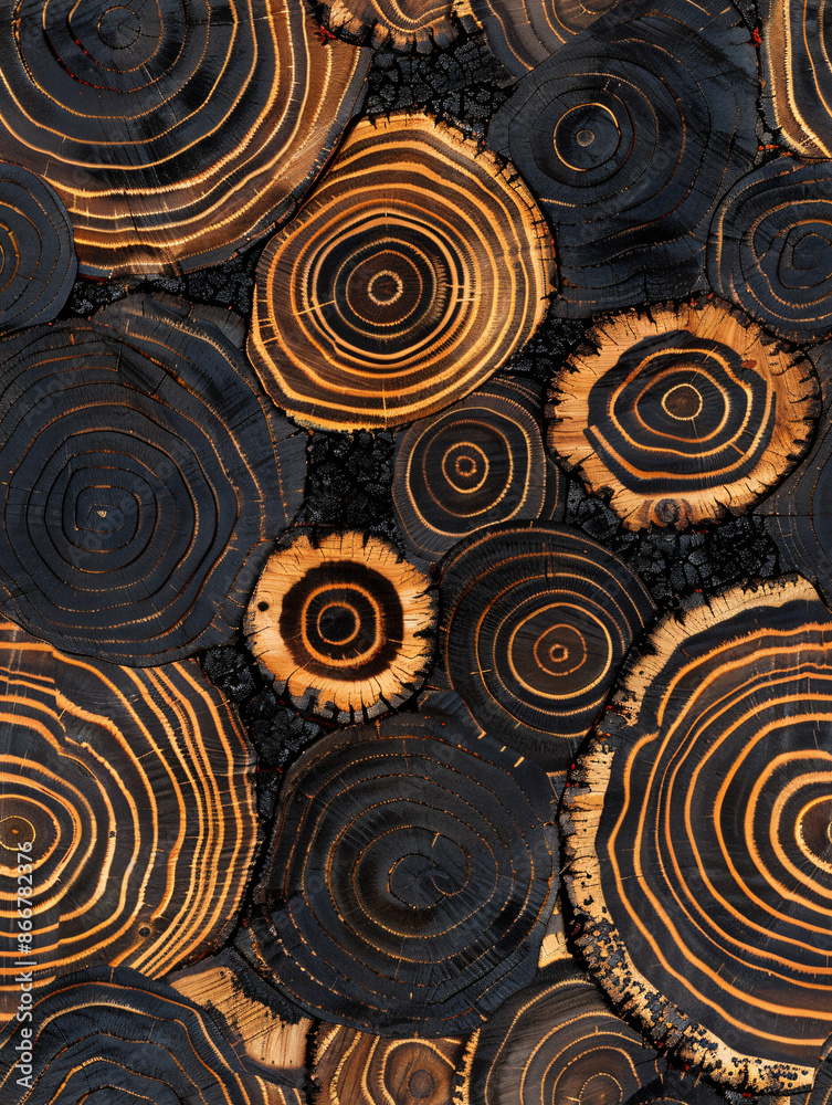Poster Texture background of natural wood log cross section with concentric growth rings displaying aging process