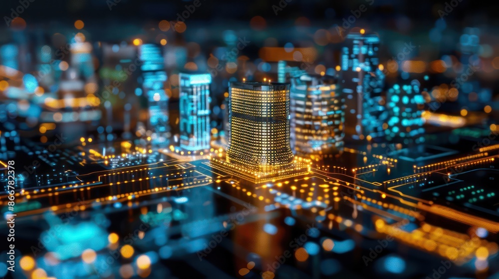 Poster a cityscape with a large building in the center. the lights are on and the city looks busy