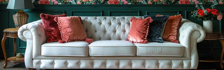 A white sofa with red pillows in a living room with floral wallpaper