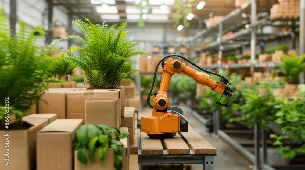Poster a robot is standing in a warehouse with plants and boxes. the robot is orange and has a green leaf o