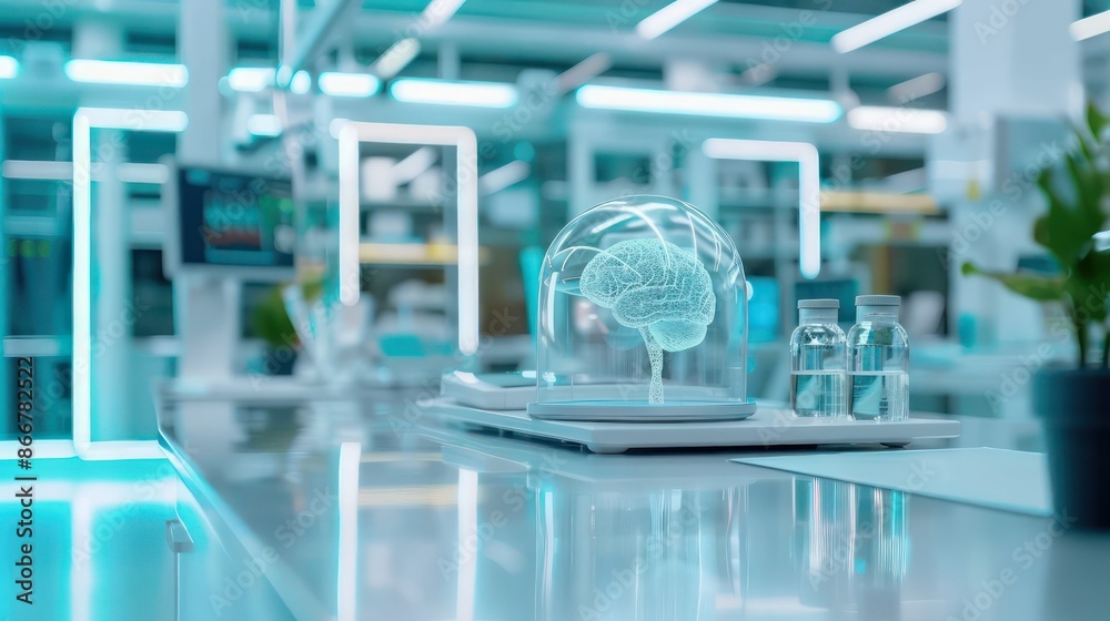 Poster a brain is displayed in a glass case on a lab table. the brain is surrounded by a clear dome, which 
