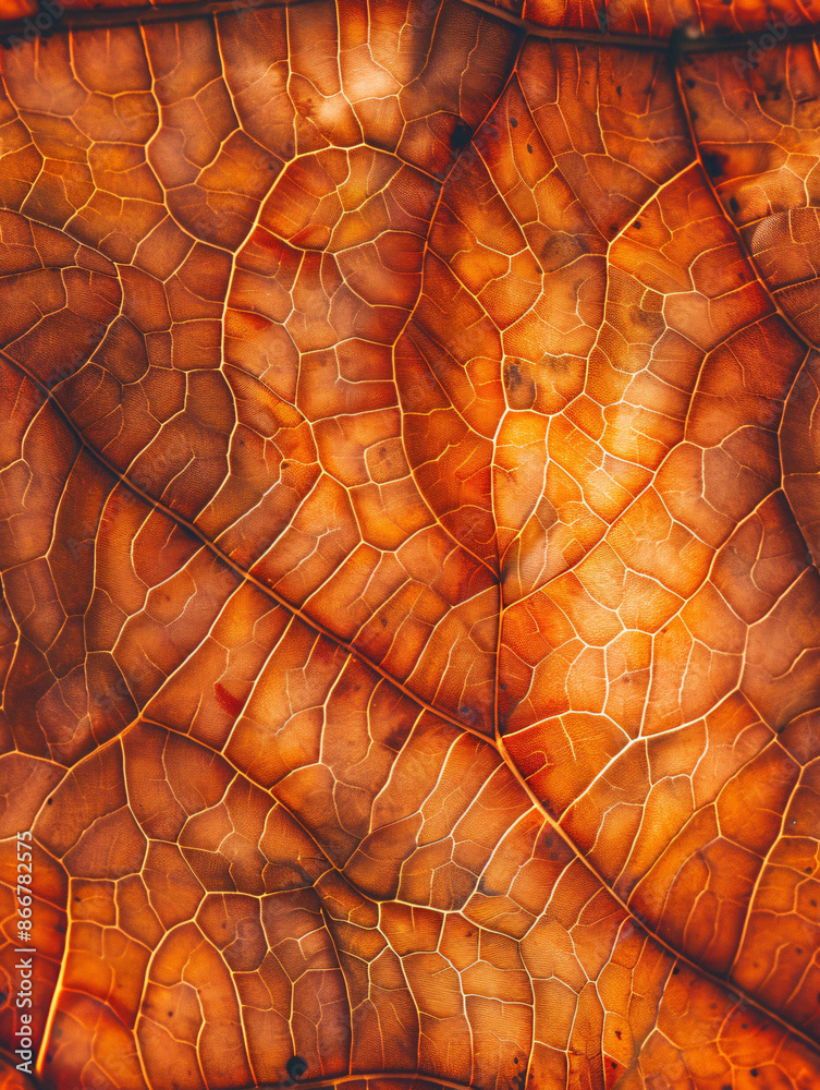 Poster macro photography showing the intricate network of veins of a dried leaf in beautiful autumnal color