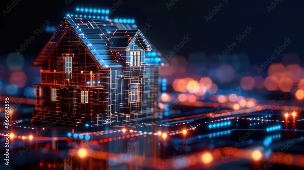 Poster a house made of wires and lights is displayed on a screen. the house is surrounded by a cityscape wi