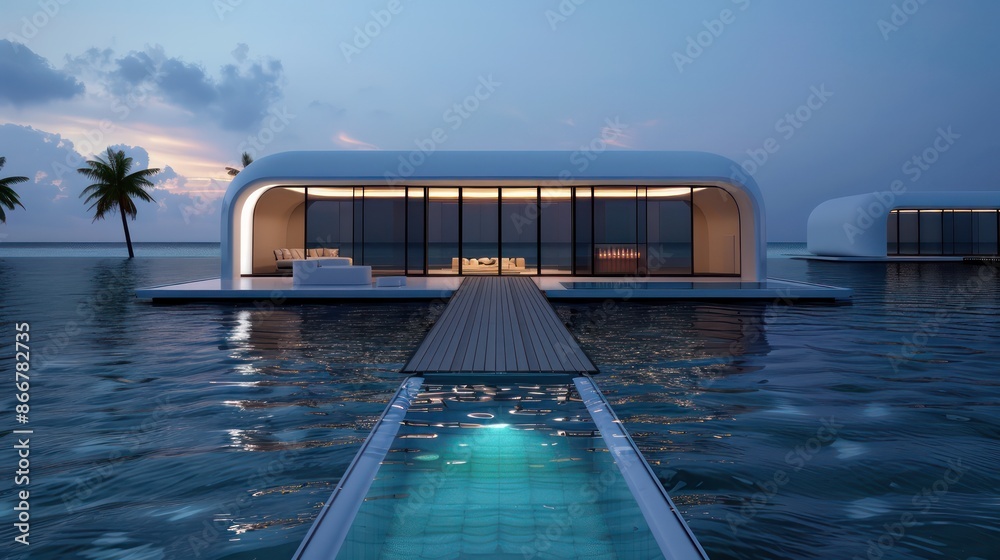 Poster a white house with a pool and a walkway is shown in the water. the house is surrounded by palm trees