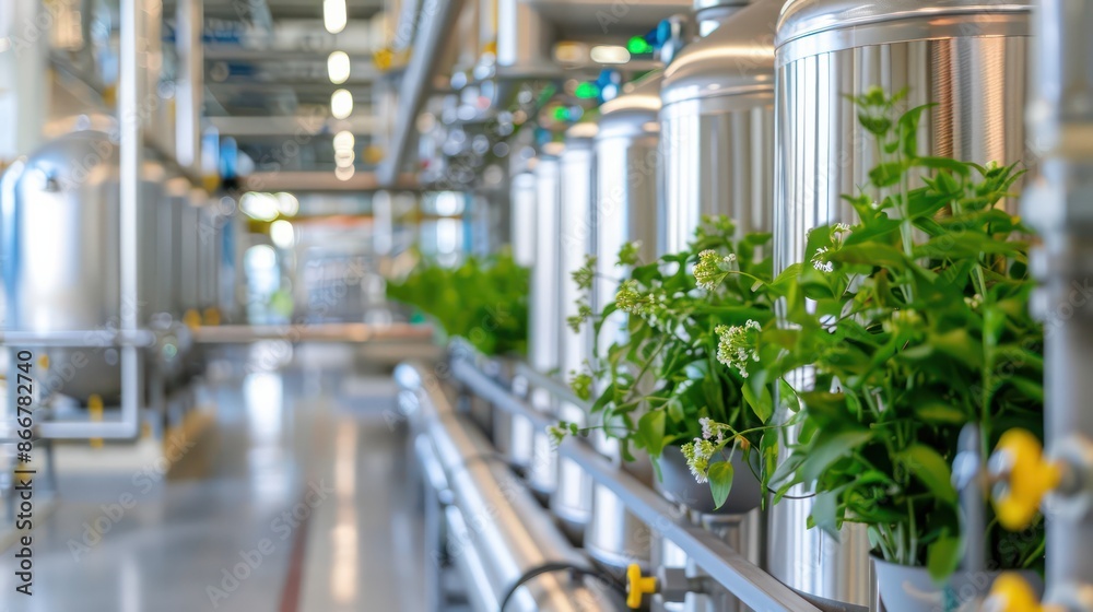 Poster a row of plants are growing in a factory. the plants are in metal containers and are arranged in a r