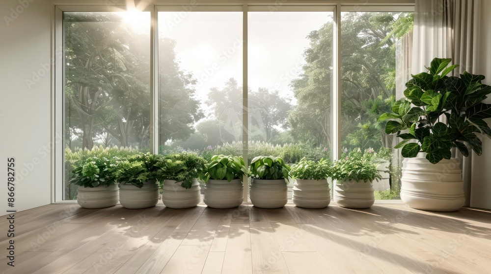 Aufkleber A window with a view of trees and a bunch of potted plants. The plants are arranged in a row and are of different sizes. The sunlight is shining through the window, creating a warm