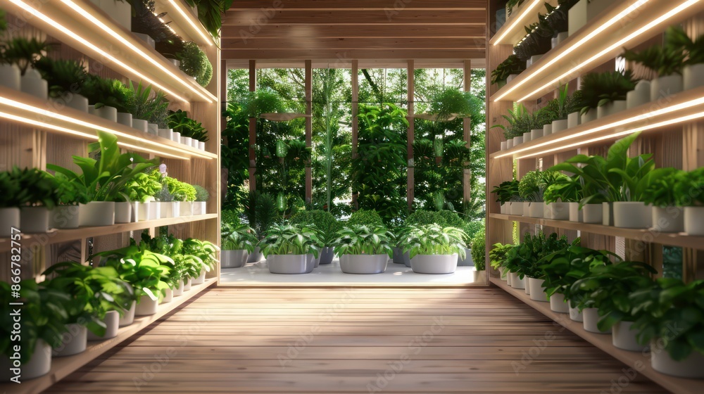 Poster a large room filled with potted plants and shelves. the plants are arranged in a way that creates a 