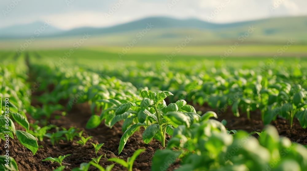 Poster a field of green plants with a mountain in the background. the plants are growing in rows and are ve