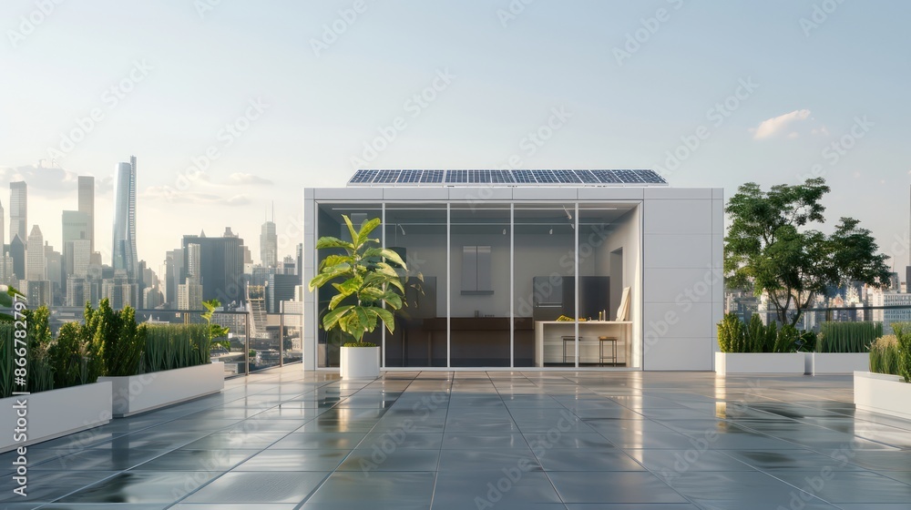 Poster a white building with a green roof and a large window. the building is surrounded by a cityscape