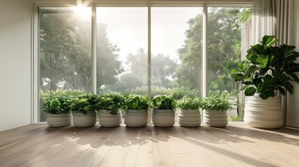 A window with a view of trees and a bunch of potted plants. The plants are arranged in a row and are of different sizes. The sunlight is shining through the window, creating a warm