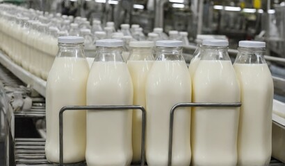 Milk factory. Robotic factory line for processing and bottling of milk