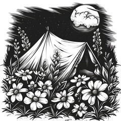 landscape with mountains, trees and moon. Camping in the woods. Camper on the road. Travel concept. Isolated white background