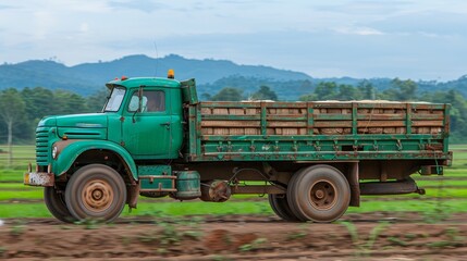 Obraz premium Sustainable energy truck delivering goods in scenic green landscape with majestic mountains