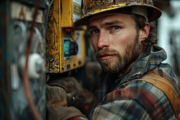 Artistic depiction of a repairman replacing electrical outlets, with a focus on safety and clean installation,