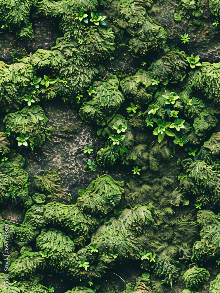 Poster beautiful pattern of green moss on a rock, ideal for backgrounds and textures