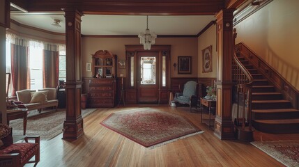 Victorian-style interior, showcasing a grand entryway with a staircase, ornate woodwork, a chandelier, and a patterned area rug
