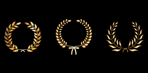 Collection Of Golden Laurel Wreaths On Black Background, Award Winner Emblems Vector Illustration.
