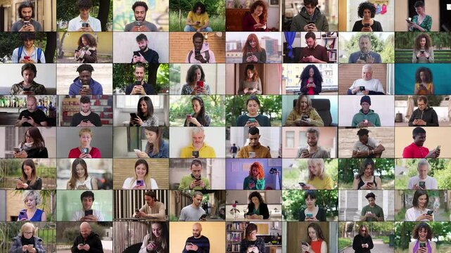 A composition of 64 diverse people engaged in various activities with their smartphones: sending messages, gaming, scrolling, and mor