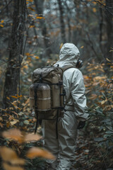 Fototapeta premium A professional in protective clothing using a backpack sprayer to distribute tick repellent in a wooded area of the park,
