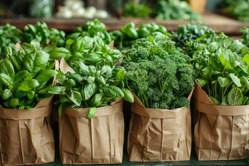 Naklejka premium Beautiful arrangement of fresh herbs in compostable kraft paper packaging, highlighting eco-friendly choices,