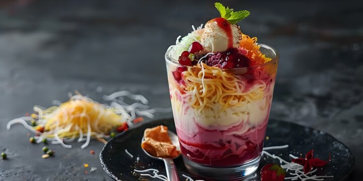 Delightful fusion of colorful falooda with silky vermicelli noodles and ice cream. Concept Falooda Dessert, Ice Cream Treats, Fusion Cuisine, Sweet Vermicelli, Colorful Delight