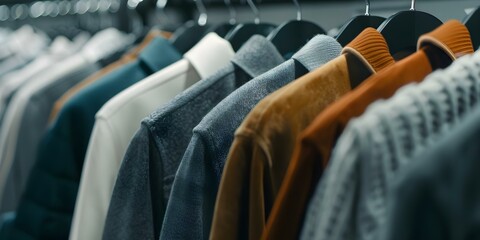 Obraz premium Fashion store displays diverse jackets on elegant hangers in various styles and colors. Concept Fashion, Store Display, Jackets, Hangers, Style, Colors