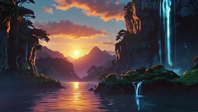 A tranquil scene of the sun rising over a mountain range, with soft pastel colors and gentle rays of light, lo-fi beat plays Music background, night love rain passion overlay zoom OBS, anime chill hip