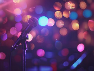 Obraz premium a spotlight karaoke show performance glowing concert stage lights bokeh neon glow event party shiny nightclub disco night music glitter blur shine bright musical rock live empty theater club theater