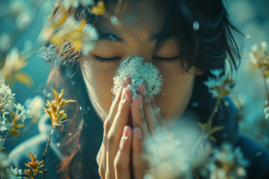 Close-up of a person sneezing due to pollen allergies, with a minimalist background,