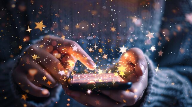 A person is holding a cell phone with a glowing star on the screen. Generate AI image