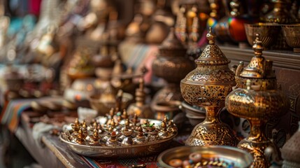 Fototapeta premium Antique brassware displayed in a market
