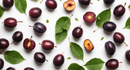 Fresh plums with green leaves on white. Food background. Top view