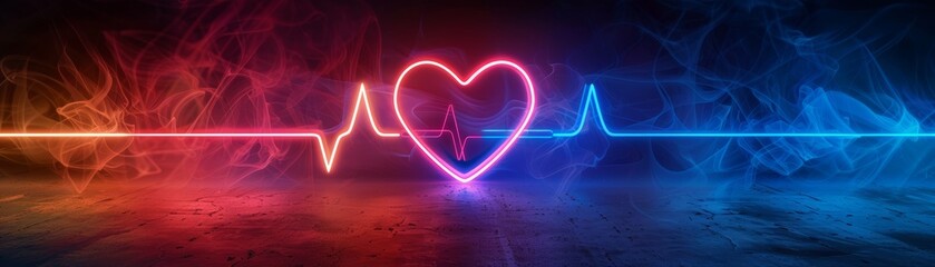 A vibrant, glowing neon heart with a heartbeat line, illuminated in blue and red, against a dark background