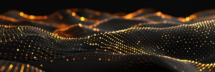 Abstract background with glowing dots and waves of gold on black. Big data visualization, digital wave, futuristic design element. Abstract pattern made from lines in perspective view.