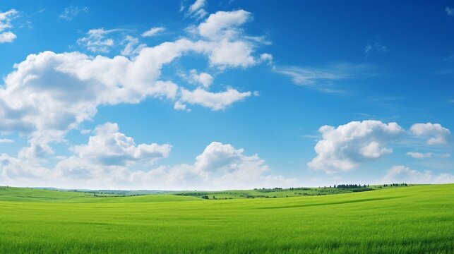 Beautiful Green Rolling Hills Under a Bright Blue Sky with Fluffy White Clouds on a Clear Day. Generative AI