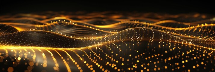 Abstract background with glowing dots and waves of gold on black. Big data visualization, digital wave, futuristic design element. Abstract pattern made from lines in perspective view.