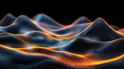 Glowing dots forming waves on a dark background. Abstraction, light, technology, graphics