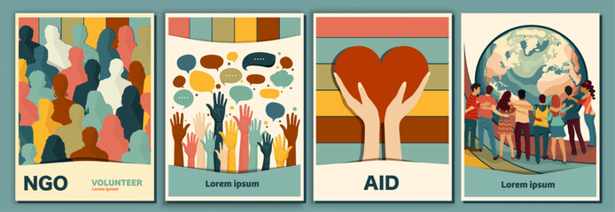 Volunteer people group concept flyer brochure poster editable template.Multicultural diverse people with around the earth. Raised hand. Hand holding heart. Solidarity. NGO Aid concept